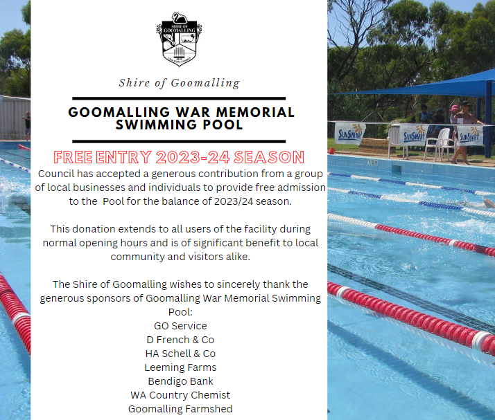 Goomalling War Memorial Swimming Pool - Free Entry 2023-24 Season